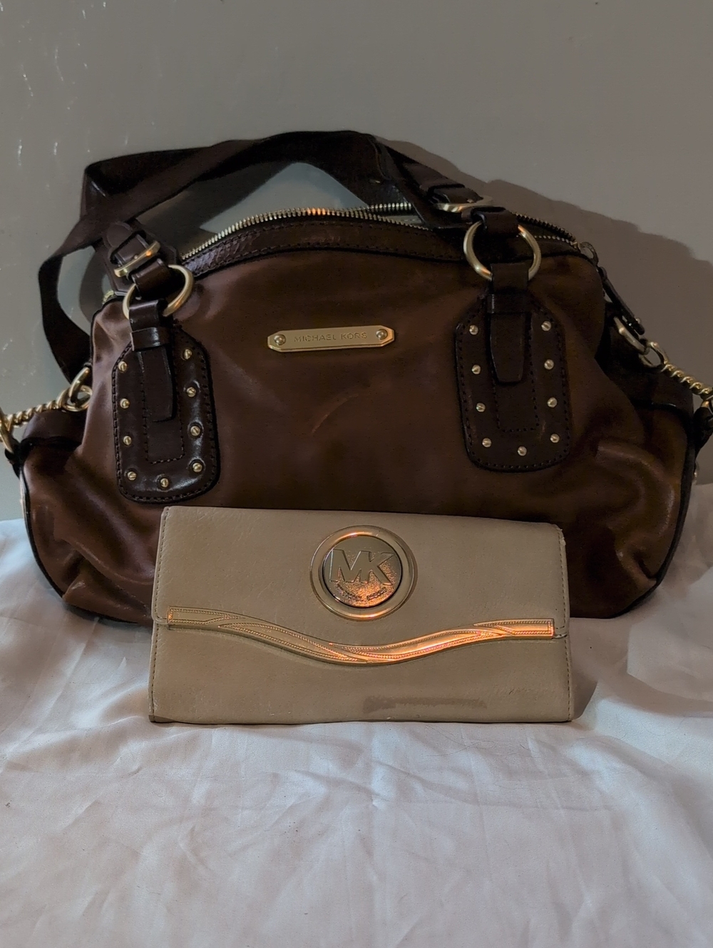 Michael Kors Brown Leather Satchel with Cream Wallet and Gold Accents